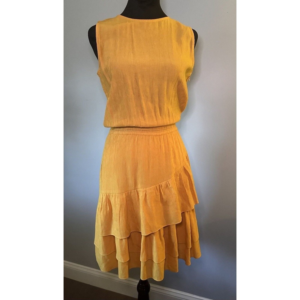 La'Ven Tiered Asymmetric Ruffle Sleeveless Midi Dress Sz S Mustard Anthropologie